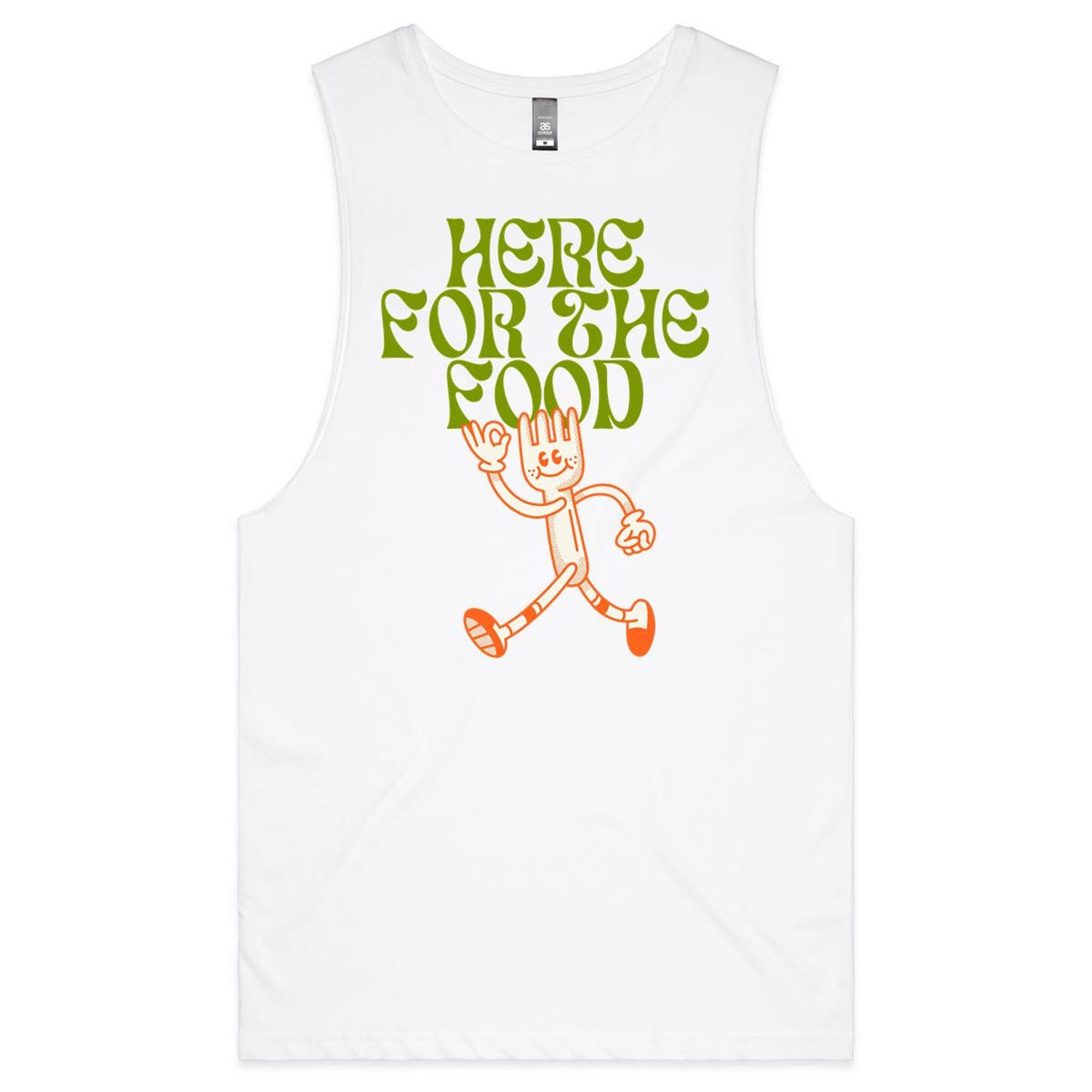 Here For The Food - Mens Tank Top Tee White Drop Arm Tank Top Food Printed In Australia