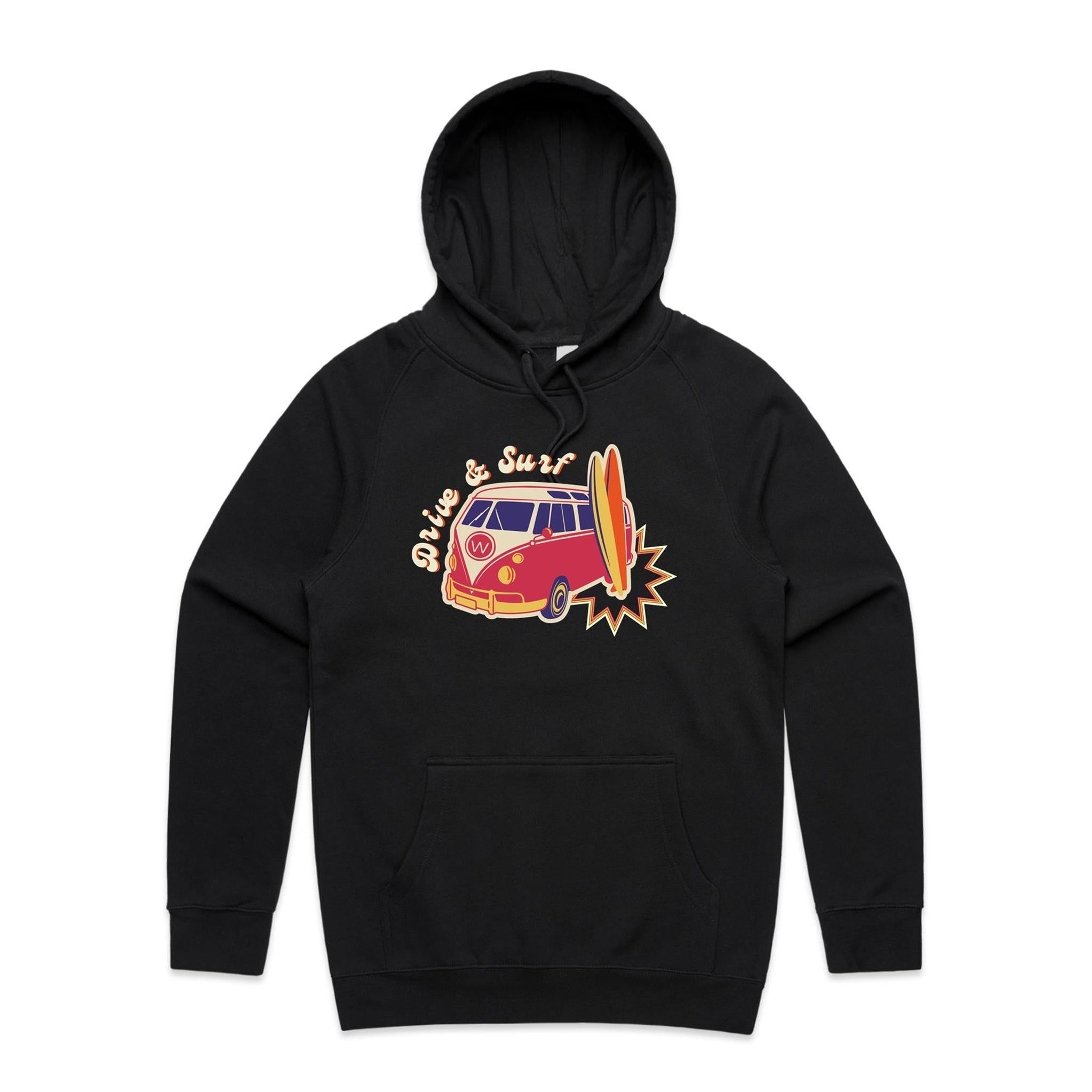 Drive And Surf - Mens Hoodie Black Mens Hoodie Printed In Australia Surf