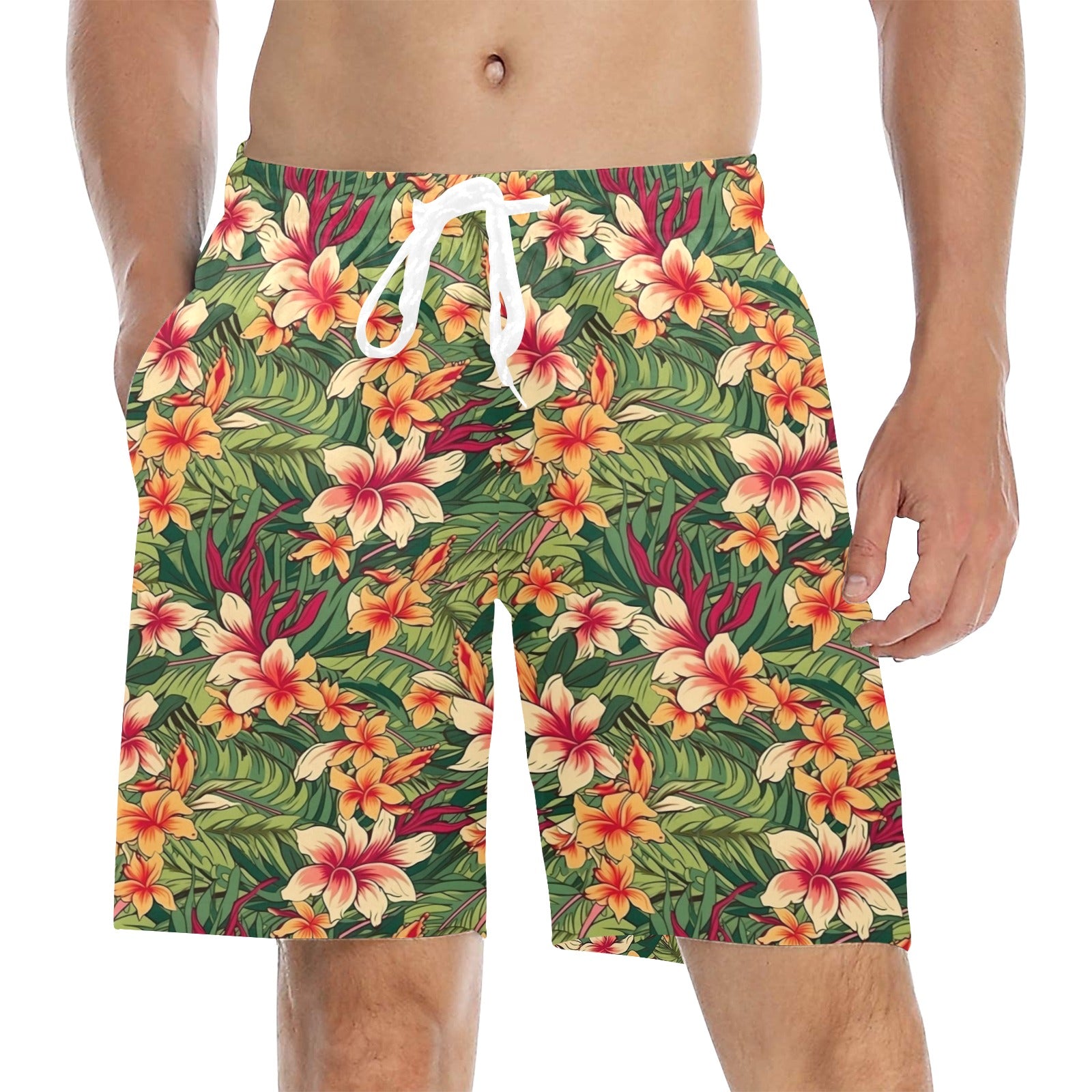 Vintage Hawaiian Floral Men's Mid-Length Beach Shorts 5XL Men's Mid-Length Beach Shorts Plants Printed Offshore