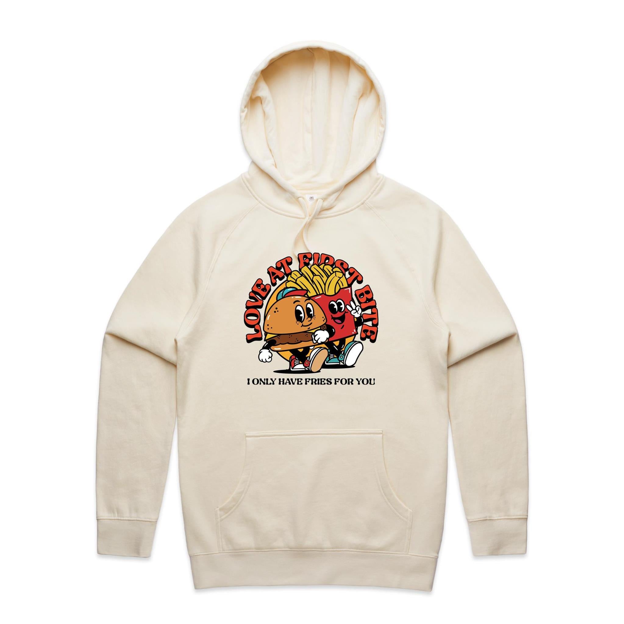 Love At First Bite, Hamburger And Fries - Mens Hoodie Ecru Mens Hoodie Food Printed In Australia