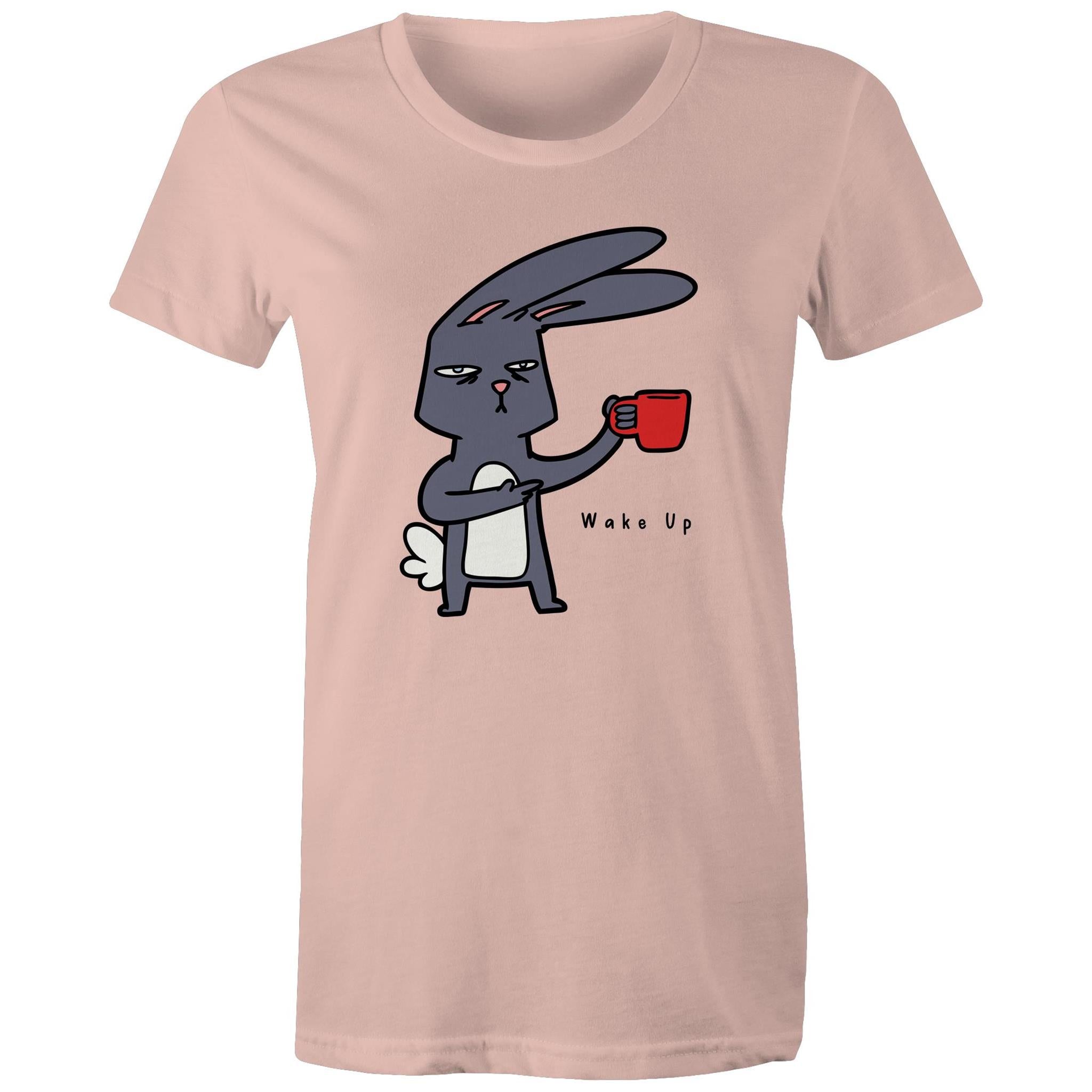 Rabbit Coffee, Wake Up - Womens T-shirt Pale Pink Womens T-shirt animal Coffee Printed In Australia