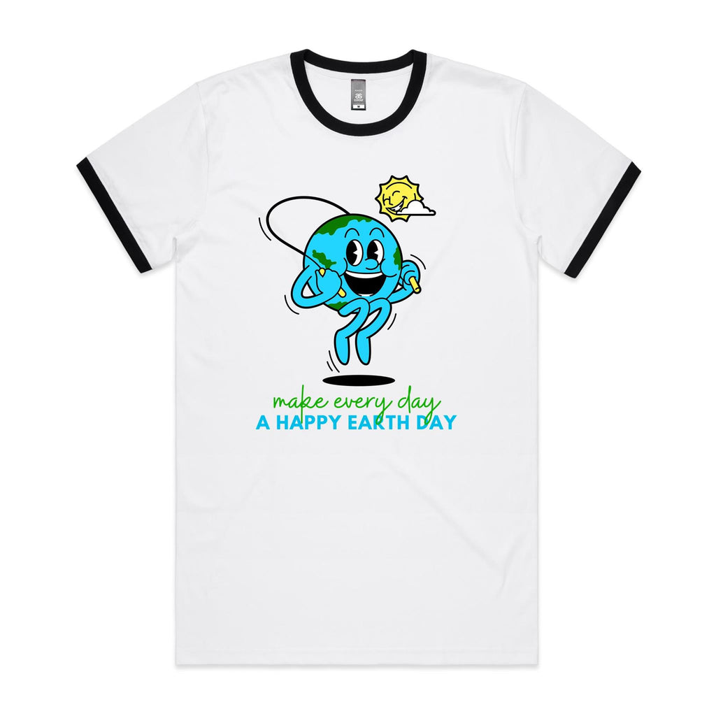 Make Every Day A Happy Earth Day - Staple Ringer Tee White Black Ringer T-Shirt Environment Printed In Australia