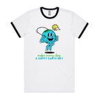 Make Every Day A Happy Earth Day - Staple Ringer Tee White Black Ringer T-Shirt Environment Printed In Australia
