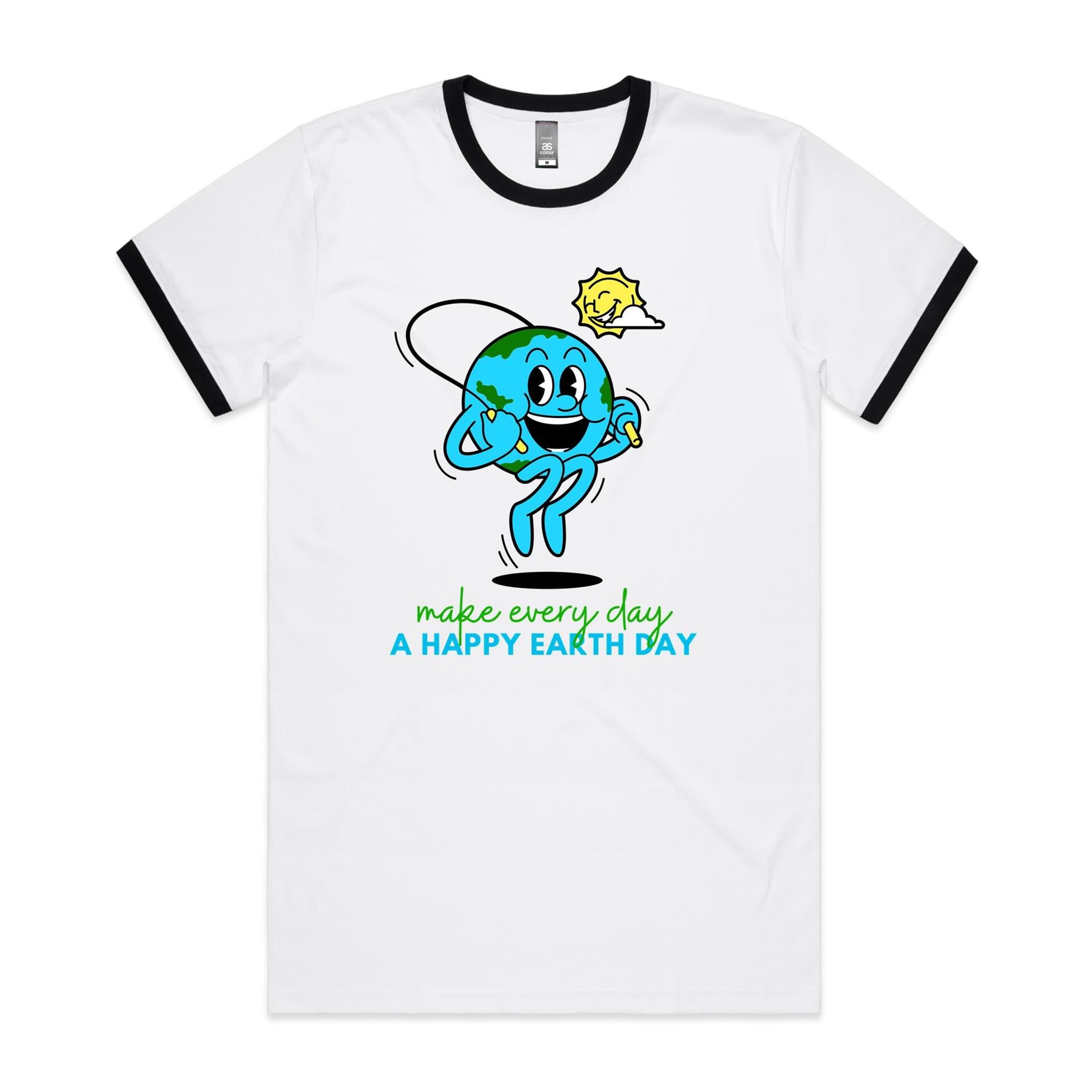 Make Every Day A Happy Earth Day - Staple Ringer Tee White Black Ringer T-Shirt Environment Printed In Australia