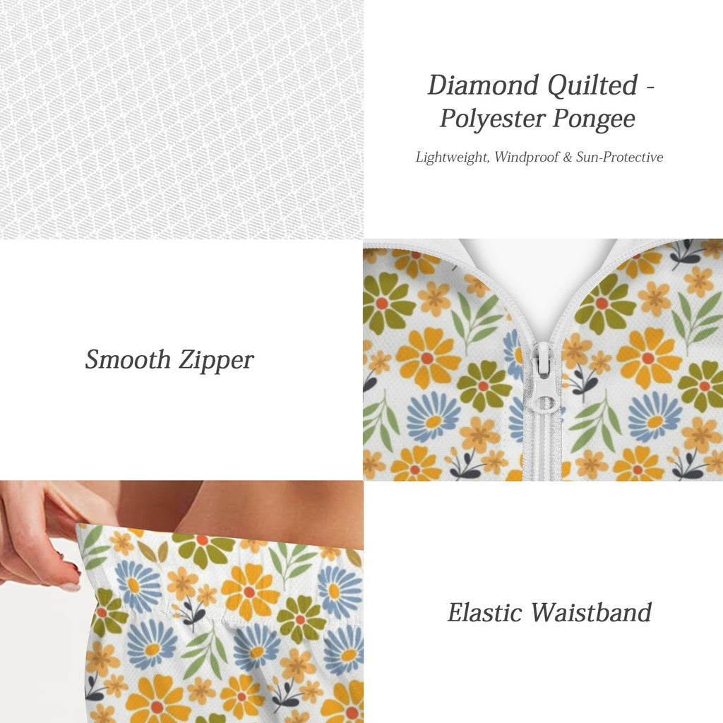 Retro Boho Flower Women's Windbreaker Short Set Women's Windbreaker Short Set Plants Printed Offshore