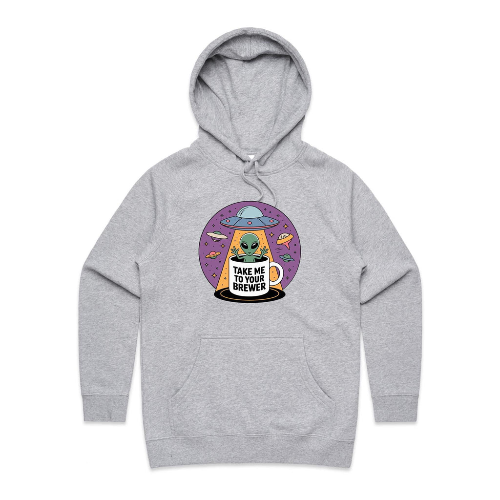Coffee, Alien, UFO, Take Me To Your Brewer Women's AS Colour Hoodie Grey Marle Womens Hoodie Coffee Printed In Australia Sci Fi