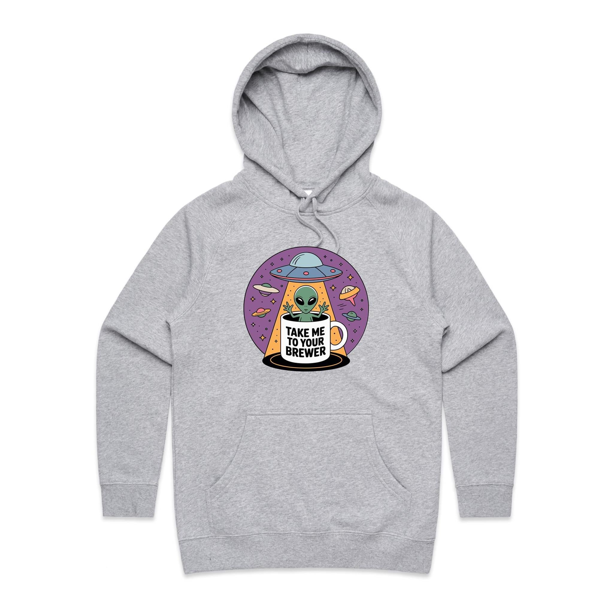 Coffee, Alien, UFO, Take Me To Your Brewer Women's AS Colour Hoodie Grey Marle Womens Hoodie Coffee Printed In Australia Sci Fi