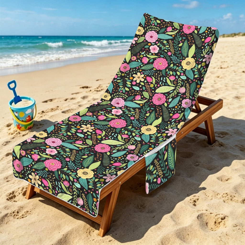 Bright Floral And Leaves Beach Chair Towel Cover with Side Pockets