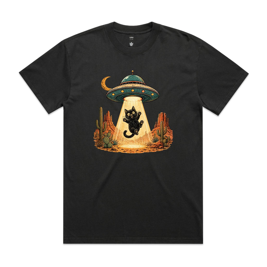 Black Cat Alien UFO Abduction AS Colour Heavy Faded Tee Faded coal Heavy Faded T-shirt animal Printed In Australia Sci Fi