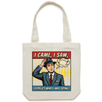 I Came, I Saw, I Forgot What I Was Doing, Retro Gentleman Canvas Tote Bag Cream One Size Tote Bag comic Printed In Australia