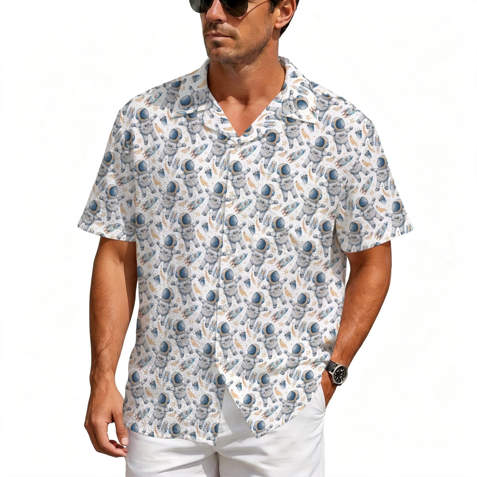 Astronauts And Rocket Ships Men's Crinkle Hawaiian Shirt