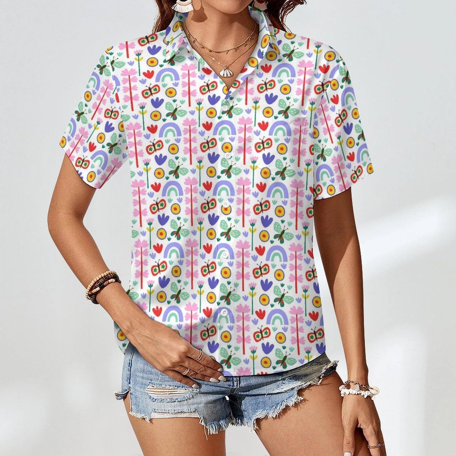 Rainbows And Butterflies - Women's Short-Sleeve Button Up Shirt