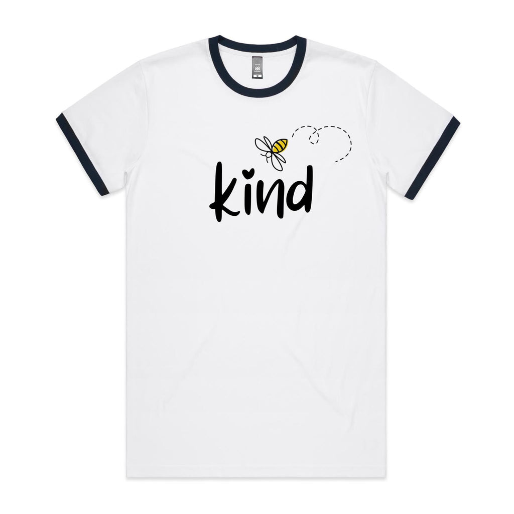 Bee Kind - Staple Ringer Tee White Navy Ringer T-Shirt Kindness Printed In Australia