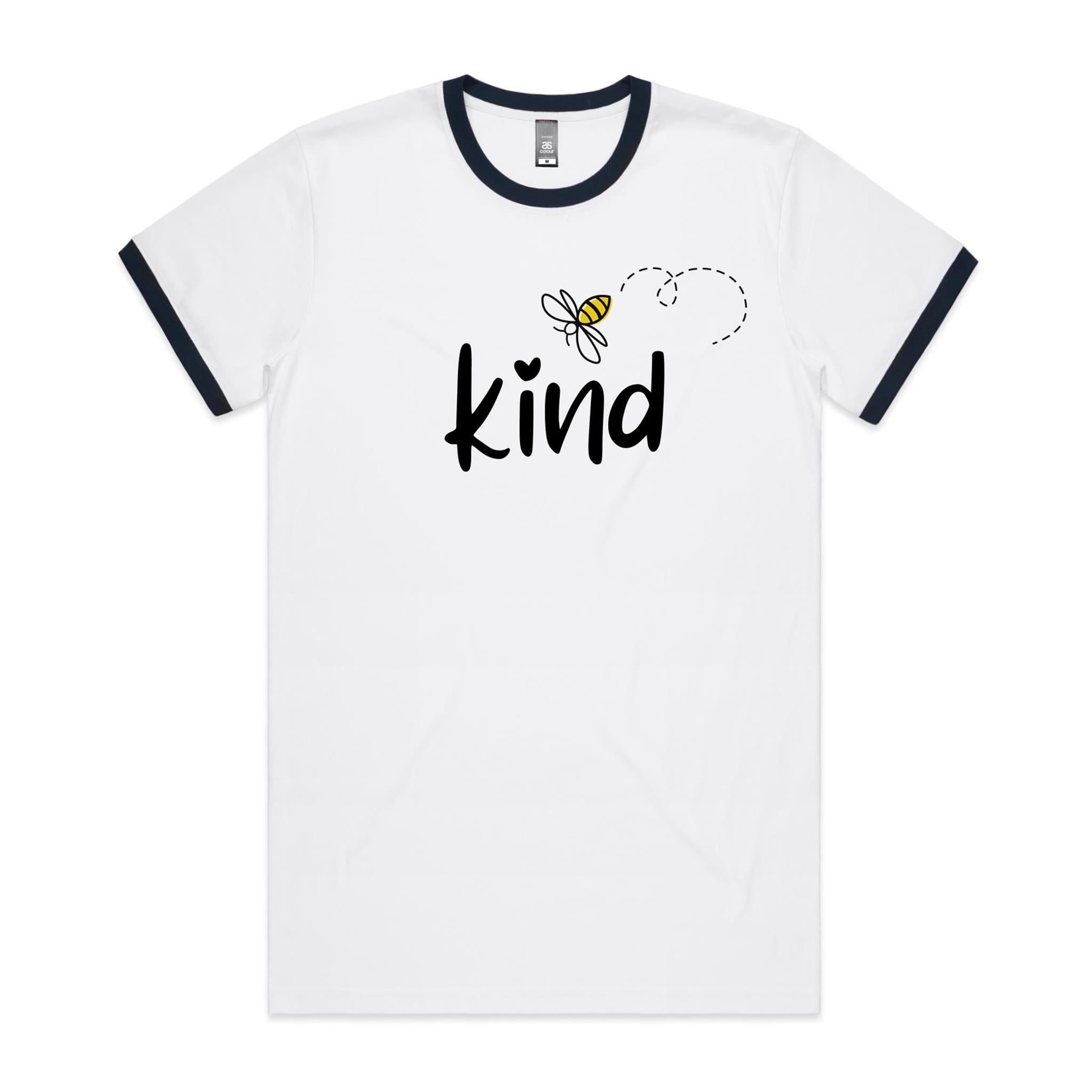 Bee Kind - Staple Ringer Tee White Navy Ringer T-Shirt Kindness Printed In Australia