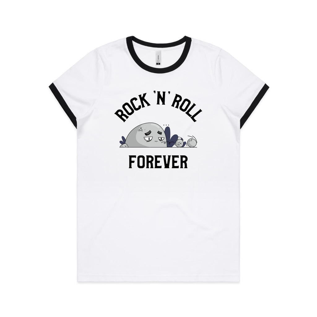Rock And Roll Forever - Women's Ringer Tee White Black Womens Ringer T-shirt Music Printed In Australia