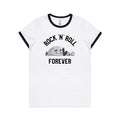 Rock And Roll Forever Women's AS Colour Ringer Tee White Black Womens Ringer T-shirt Music Printed In Australia