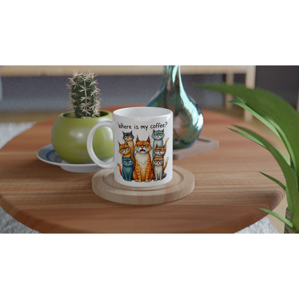 Where Is My Coffee, Cranky Cats - White 11oz Ceramic Mug White 11oz Mug animal Coffee Globally Fulfilled