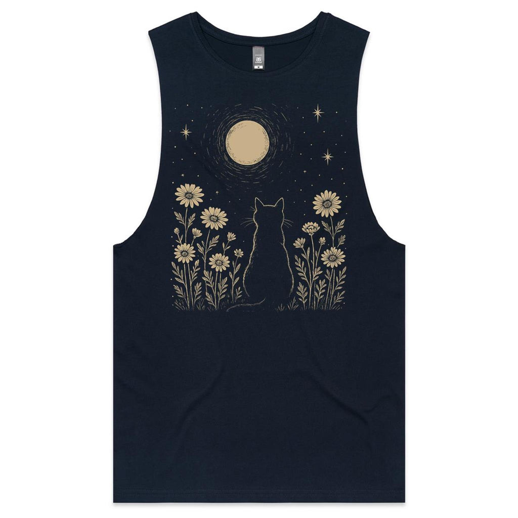 Whimsical Cat And Moon Mens Men's AS Colour Drop Arm Tank Top Navy Drop Arm Tank Top animal Printed In Australia