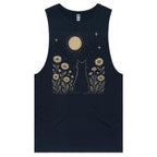 Whimsical Cat And Moon Mens Men's AS Colour Drop Arm Tank Top Navy Drop Arm Tank Top animal Printed In Australia