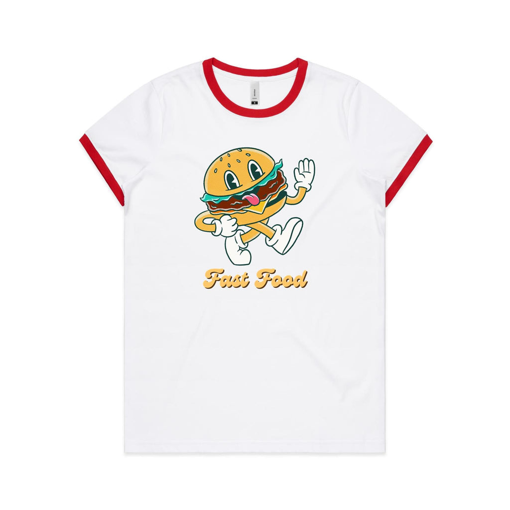 Fast Food - Women's Ringer Tee White Red Womens Ringer T-shirt Food Printed In Australia