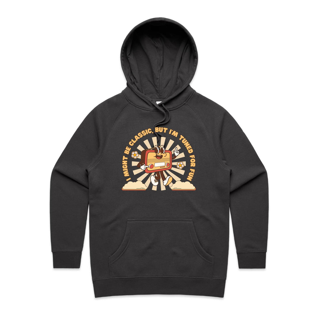I Might Be Classic But I'm Tuned For Fun - Womens Hoodie Coal Womens Hoodie Music Printed In Australia Retro