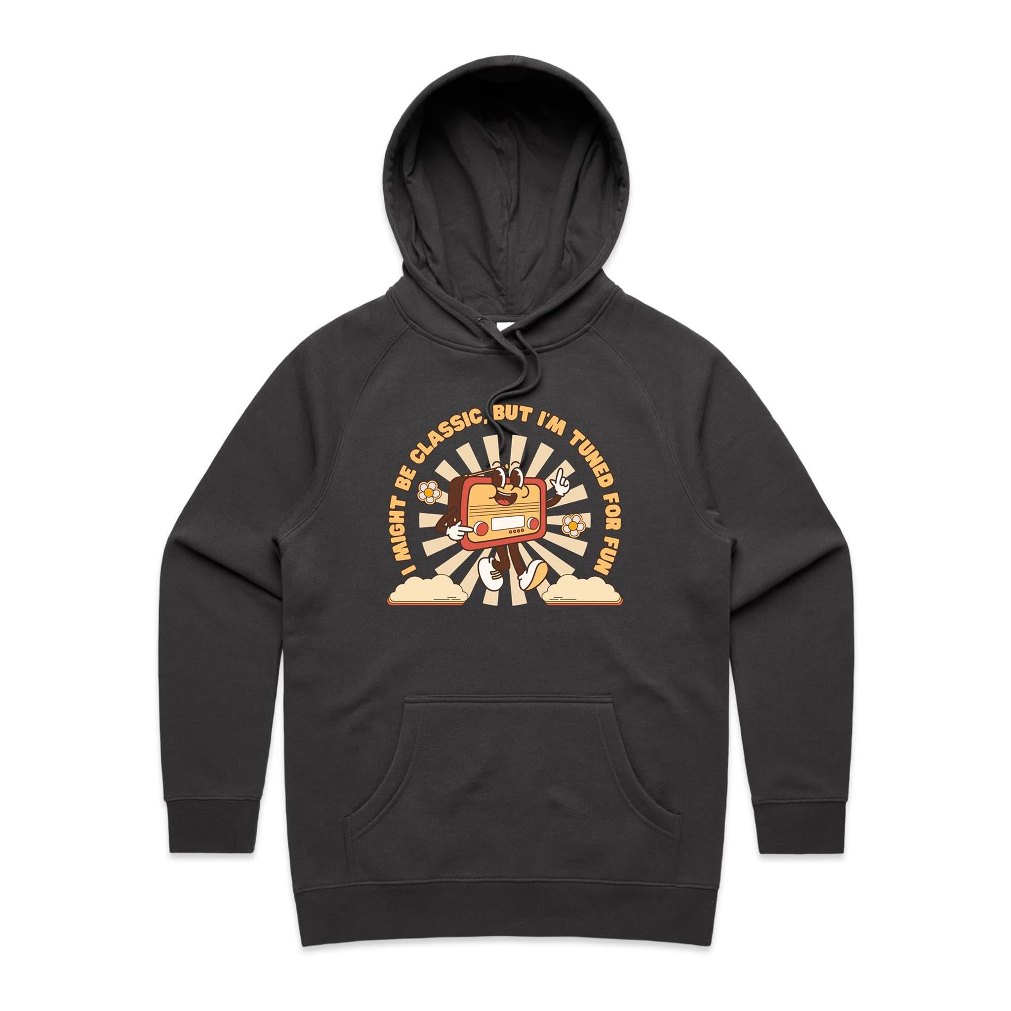 I Might Be Classic But I'm Tuned For Fun - Womens Hoodie Coal Womens Hoodie Music Printed In Australia Retro