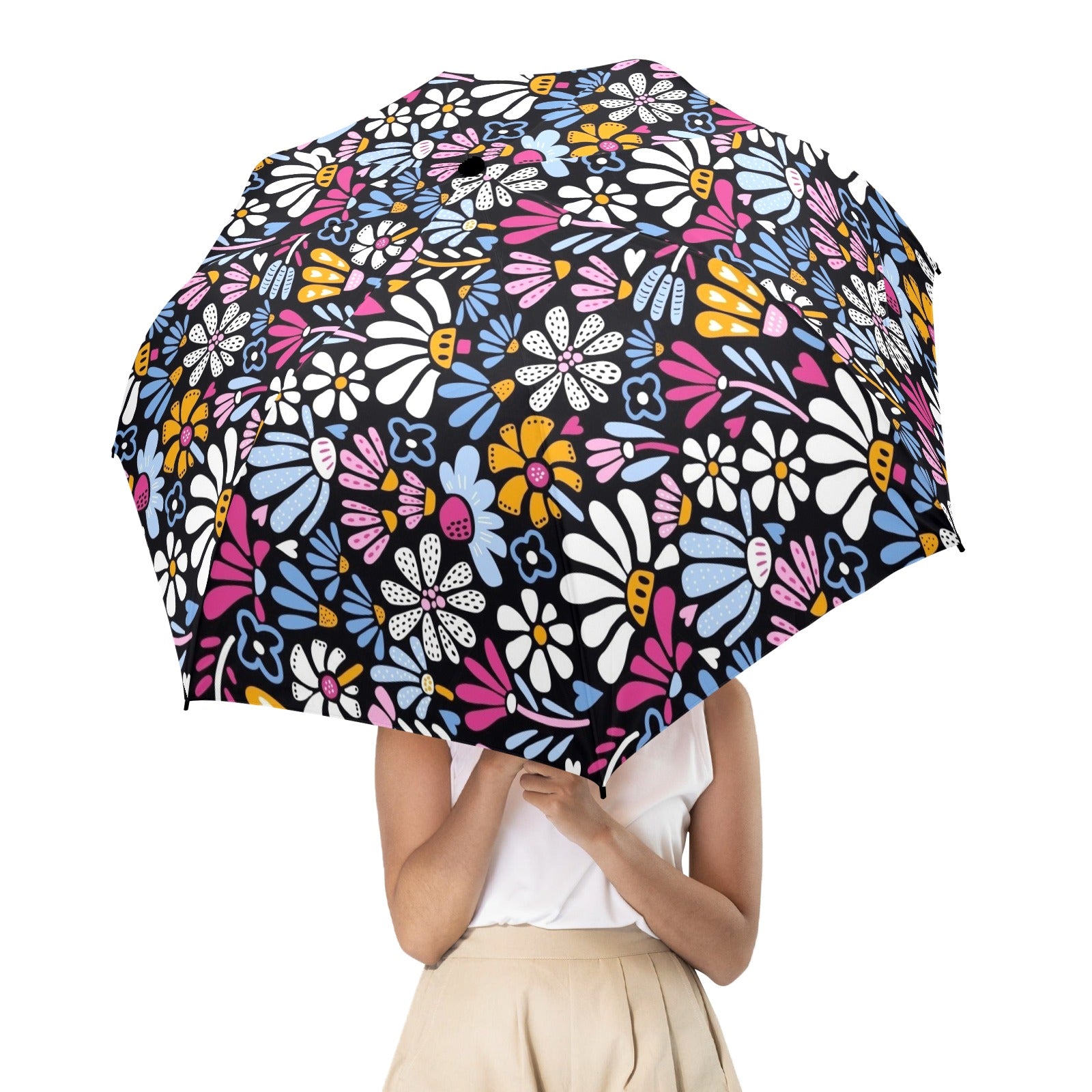 Graphic Flowers On Black Umbrella Umbrella Plants Printed Offshore