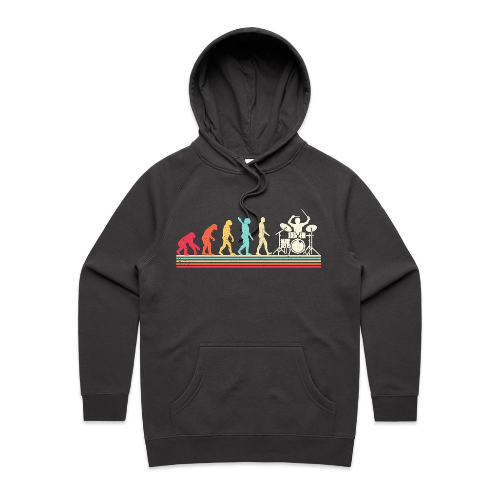 Drummer Evolution - Womens Hoodie Coal Womens Hoodie Music Printed In Australia