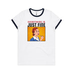 Everything Is Just Fine - Women's Ringer Tee White Navy Womens Ringer T-shirt comic Printed In Australia