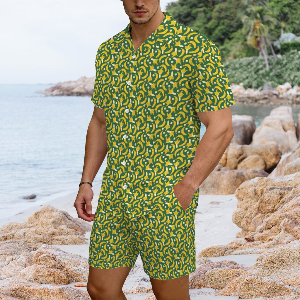 Happy Bananas Men's Hawaiian Shirt & Shorts Set Men's Hawaiian Shirt & Shorts Set Food Printed Offshore