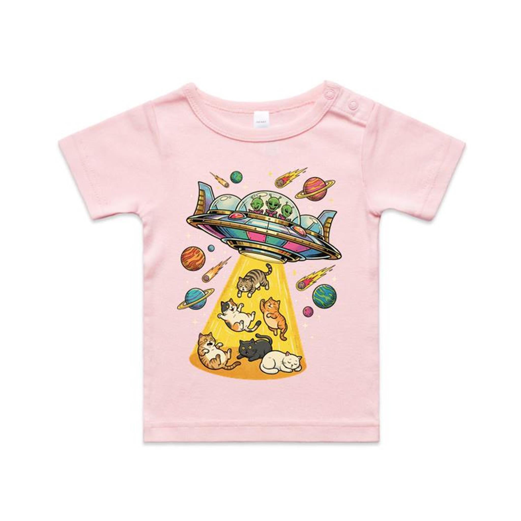 UFO Cat Abduction - AS Colour Baby T-shirt Pink Baby T-shirt animal Printed In Australia Sci Fi