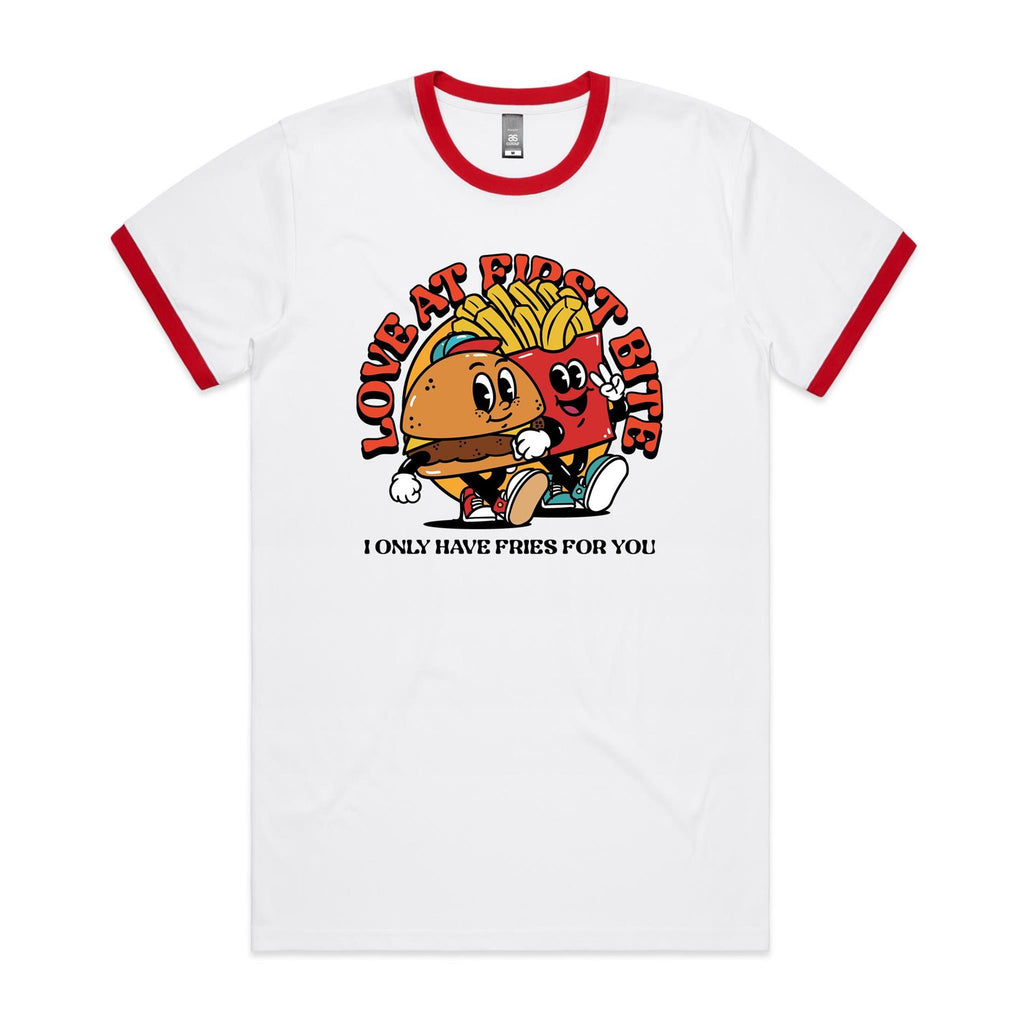 Love At First Bite, Hamburger And Fries - Staple Ringer Tee White Red Ringer T-Shirt Food Printed In Australia