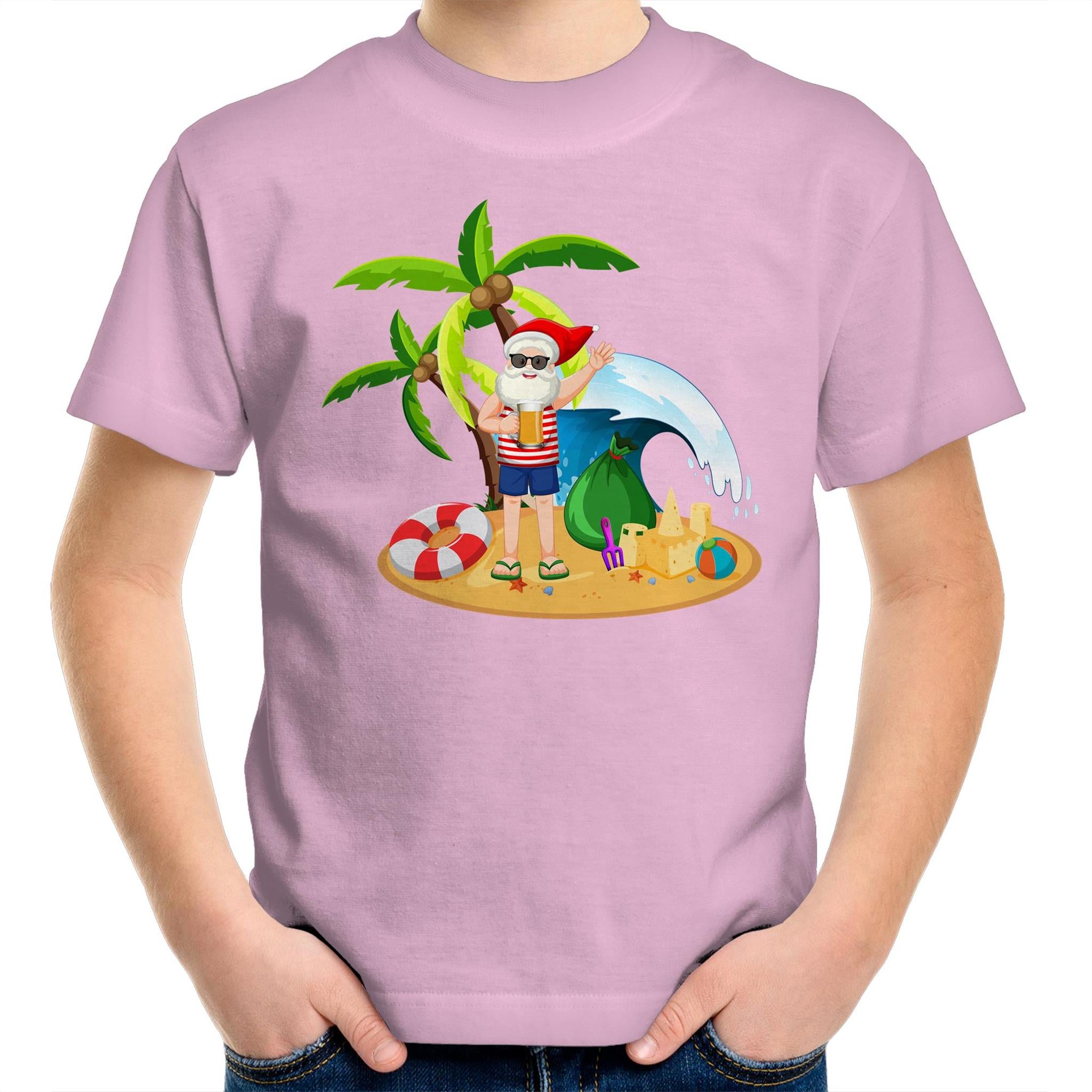 Summer Surf Santa - Kids Youth T-Shirt Pink Kids Christmas T-shirt Christmas Printed In Australia