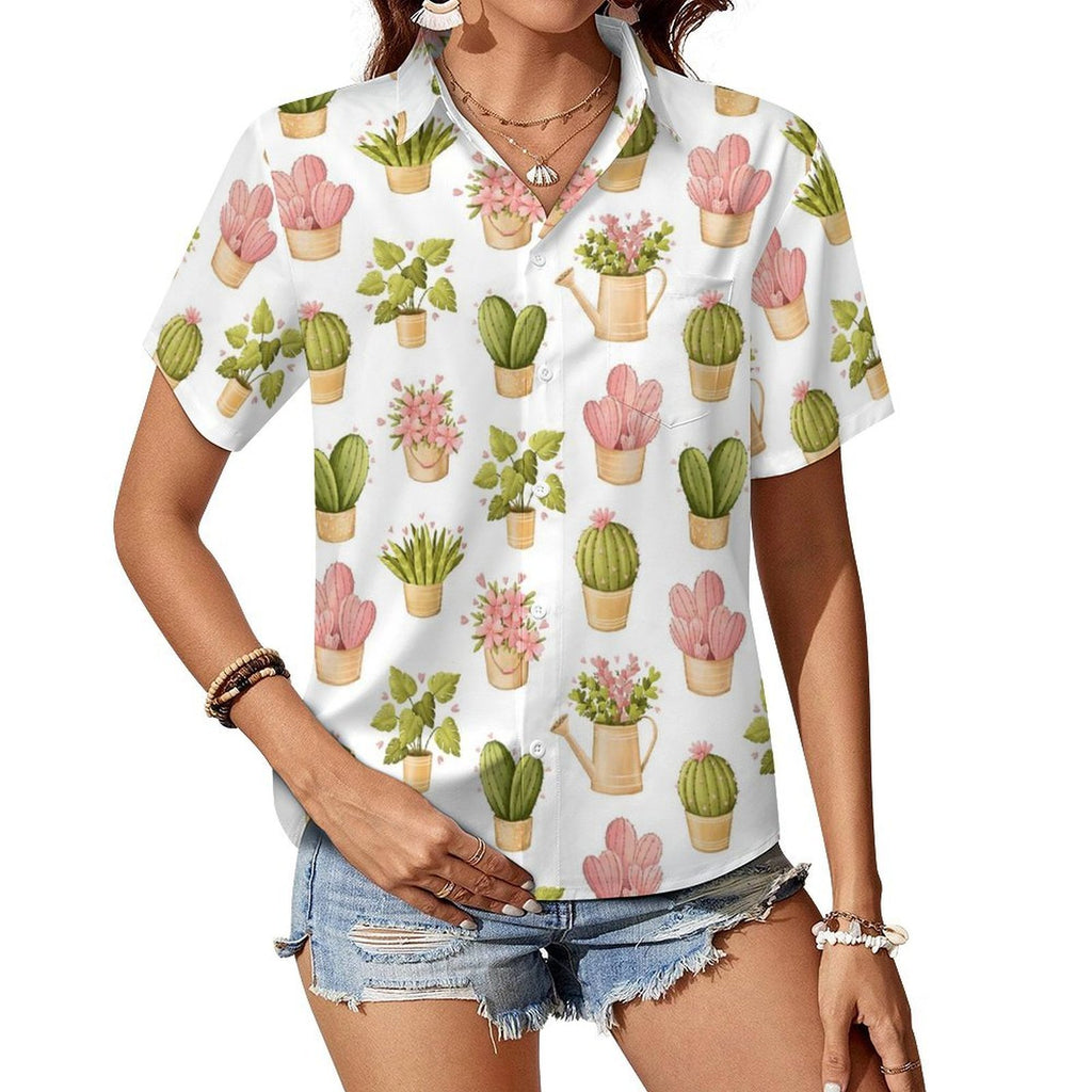 Cactus Plants And Flowers Women's Short-Sleeve Button Up Shirt white Women's Short-Sleeve Button Up Shirt Plants Printed Offshore