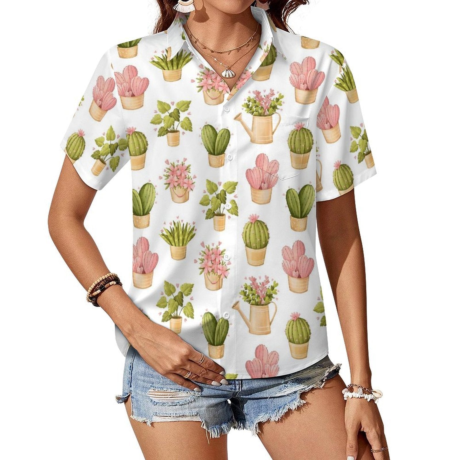 Cactus Plants And Flowers Women's Short-Sleeve Button Up Shirt white Women's Short-Sleeve Button Up Shirt Plants Printed Offshore