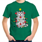 Christmas Cat - Kids Youth T-Shirt Kelly Green Kids Christmas T-shirt Christmas Printed In Australia