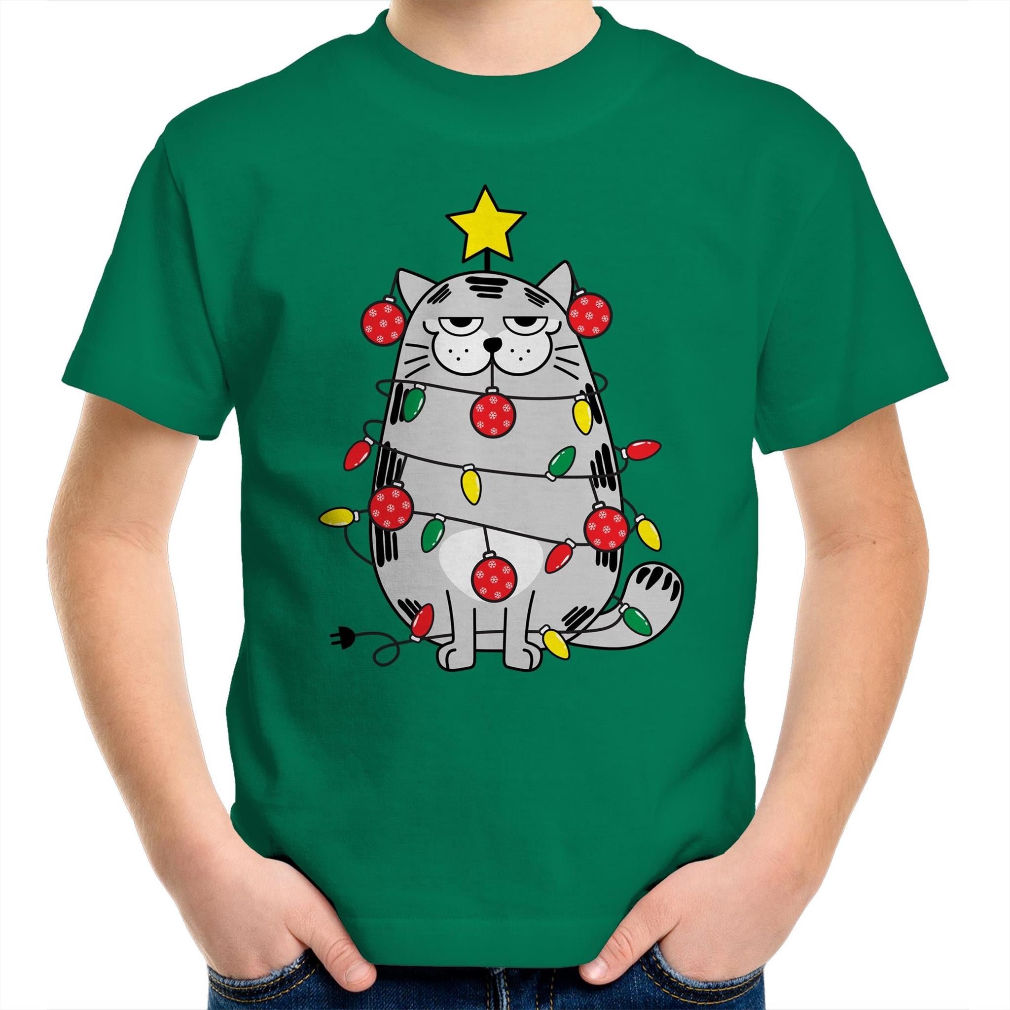 Christmas Cat - Kids Youth T-Shirt Kelly Green Kids Christmas T-shirt Christmas Printed In Australia
