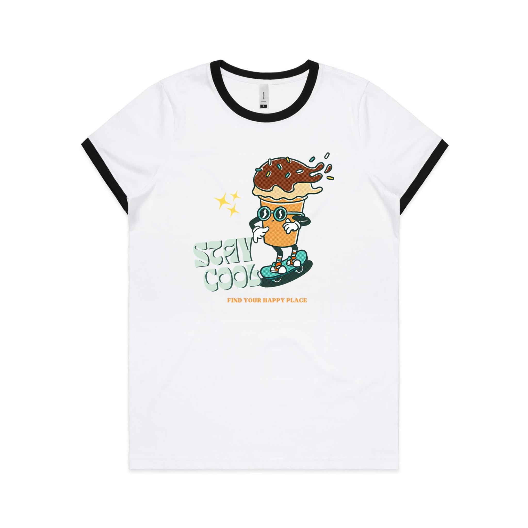 Stay Cool, Ice Cream, Skateboard - Women's Ringer Tee White Black Womens Ringer T-shirt Printed In Australia Summer