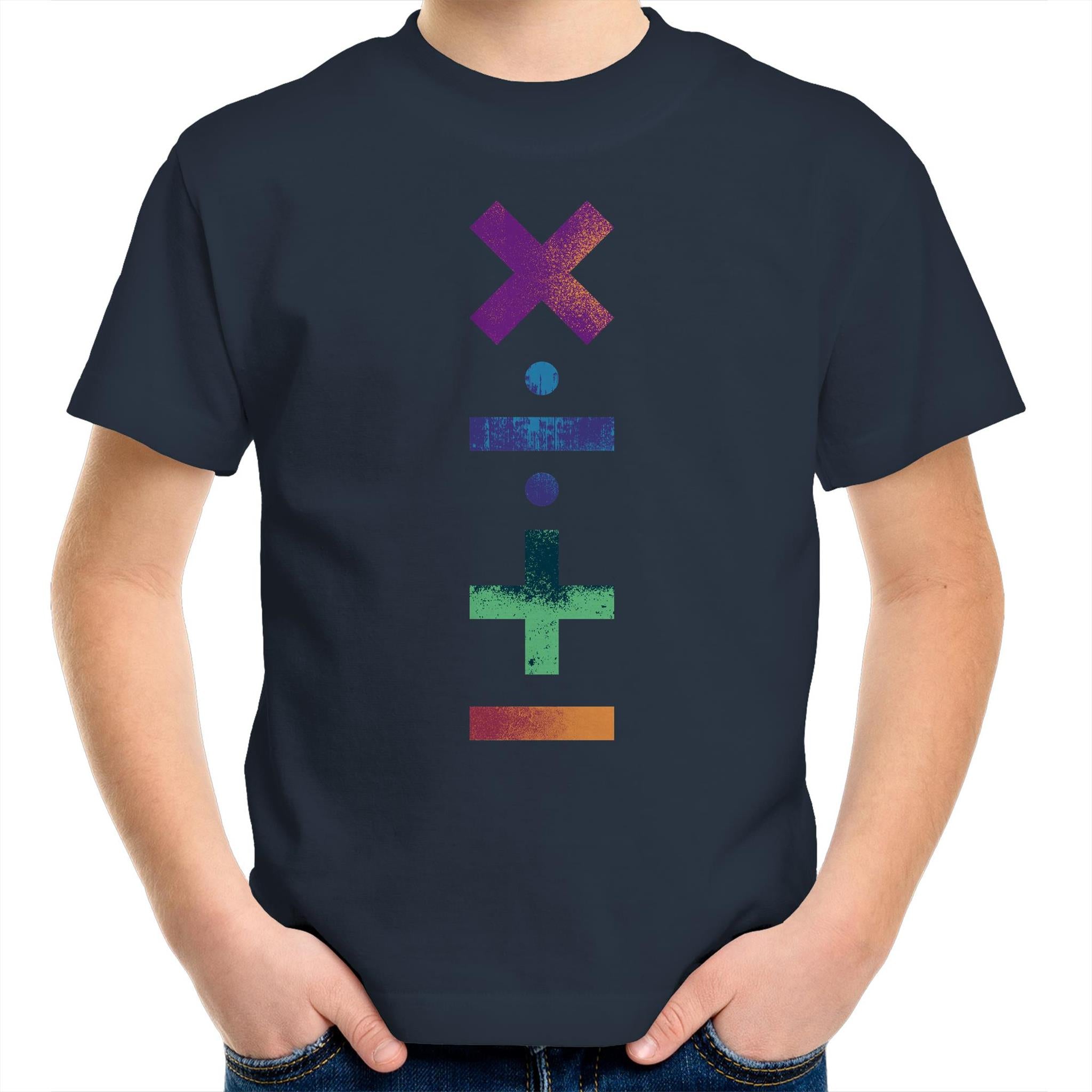 Maths Symbols - Kids Youth T-Shirt Navy Kids Youth T-shirt Maths Printed In Australia