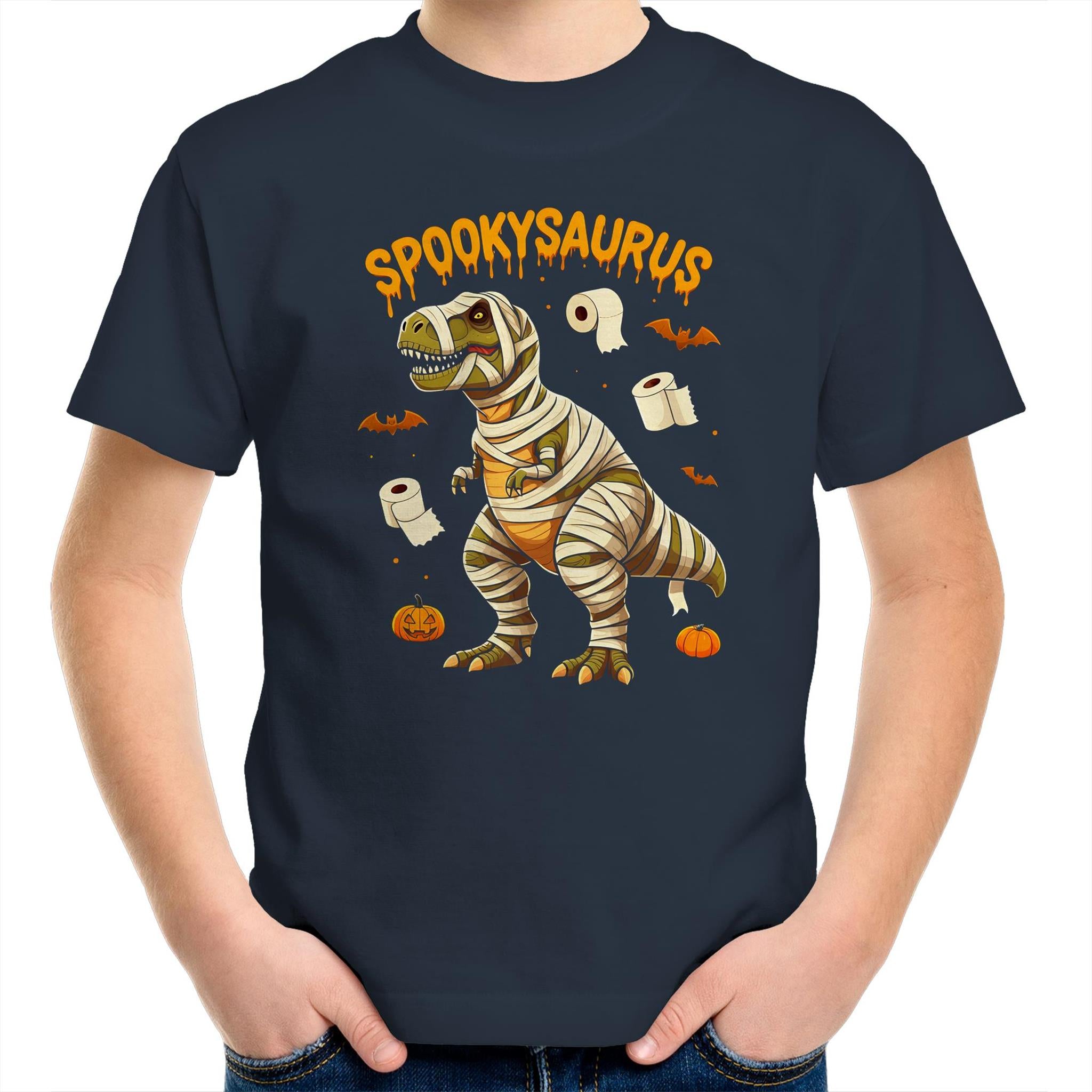 Spookysaurus, Halloween Dinosaur - Kids Youth T-Shirt Navy Kids Youth T-shirt Halloween Printed In Australia