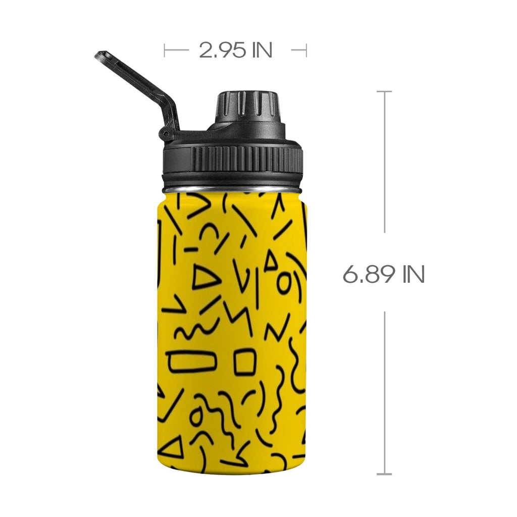 Black Squiggle On Yellow - Kids Water Bottle with Chug Lid (12 oz)