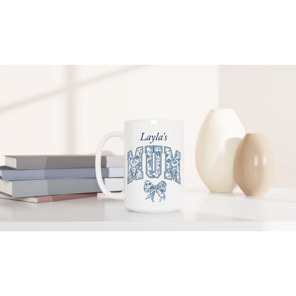 Personalise - Mum, Blue Floral - White 15oz Ceramic Mug Personalised 15oz Mug animal customise Globally Fulfilled Mum Name personalise