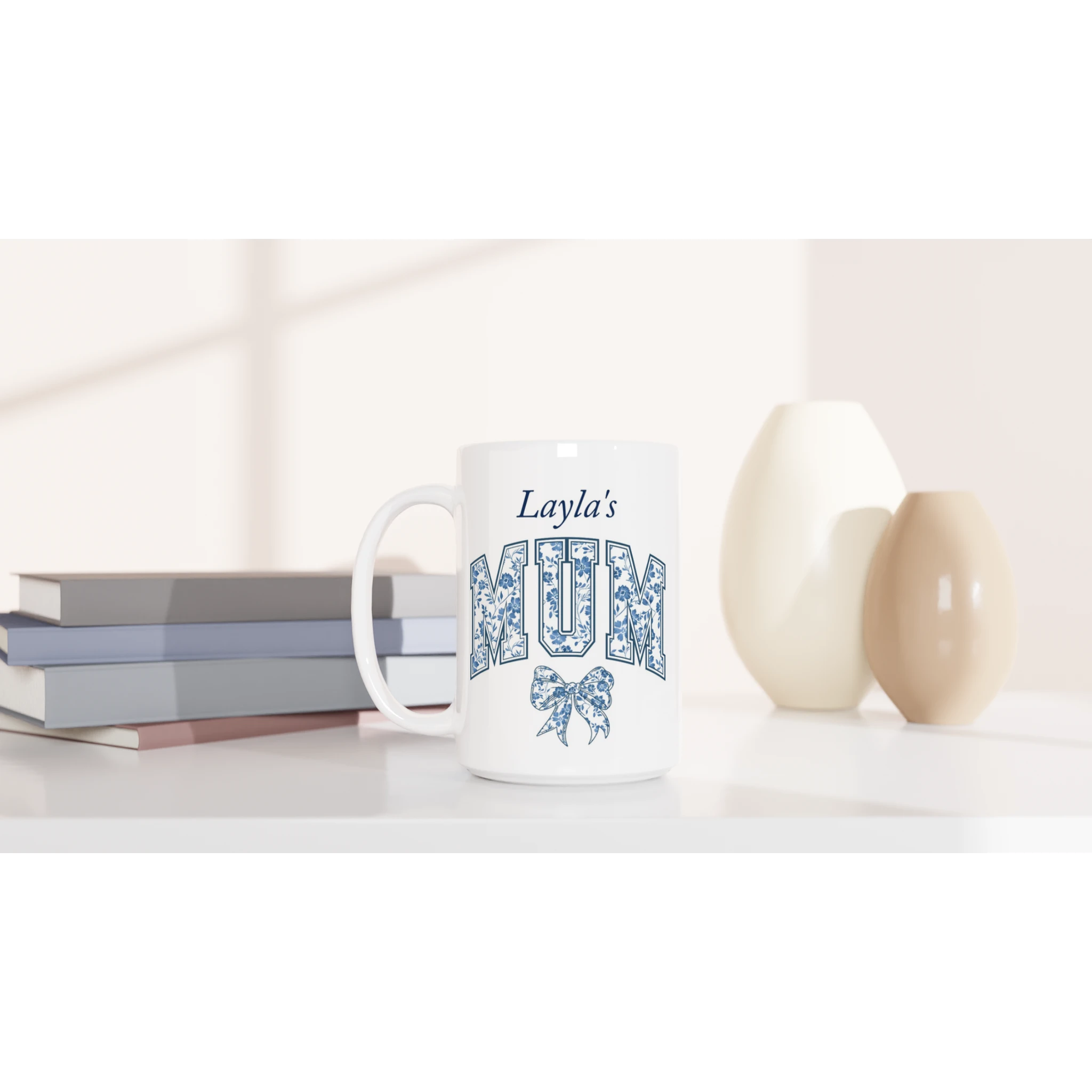 Personalise - Mum, Blue Floral - White 15oz Ceramic Mug Personalised 15oz Mug animal customise Globally Fulfilled Mum Name personalise
