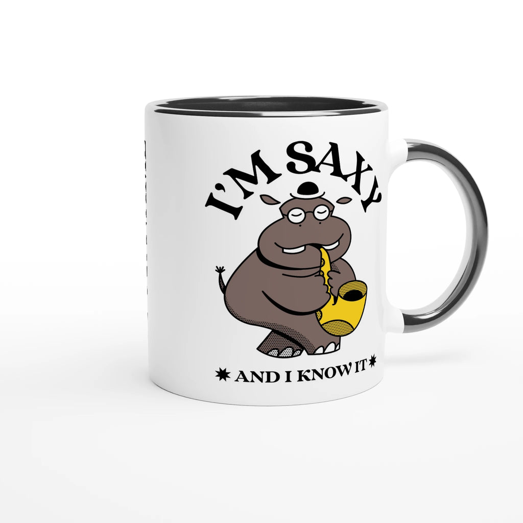 Personalised - I'm Saxy And I Know It, Saxophone Hippo - White 11oz Ceramic Mug with Colour Inside Personalised 11oz Mug animal customise Globally Fulfilled Music personalise