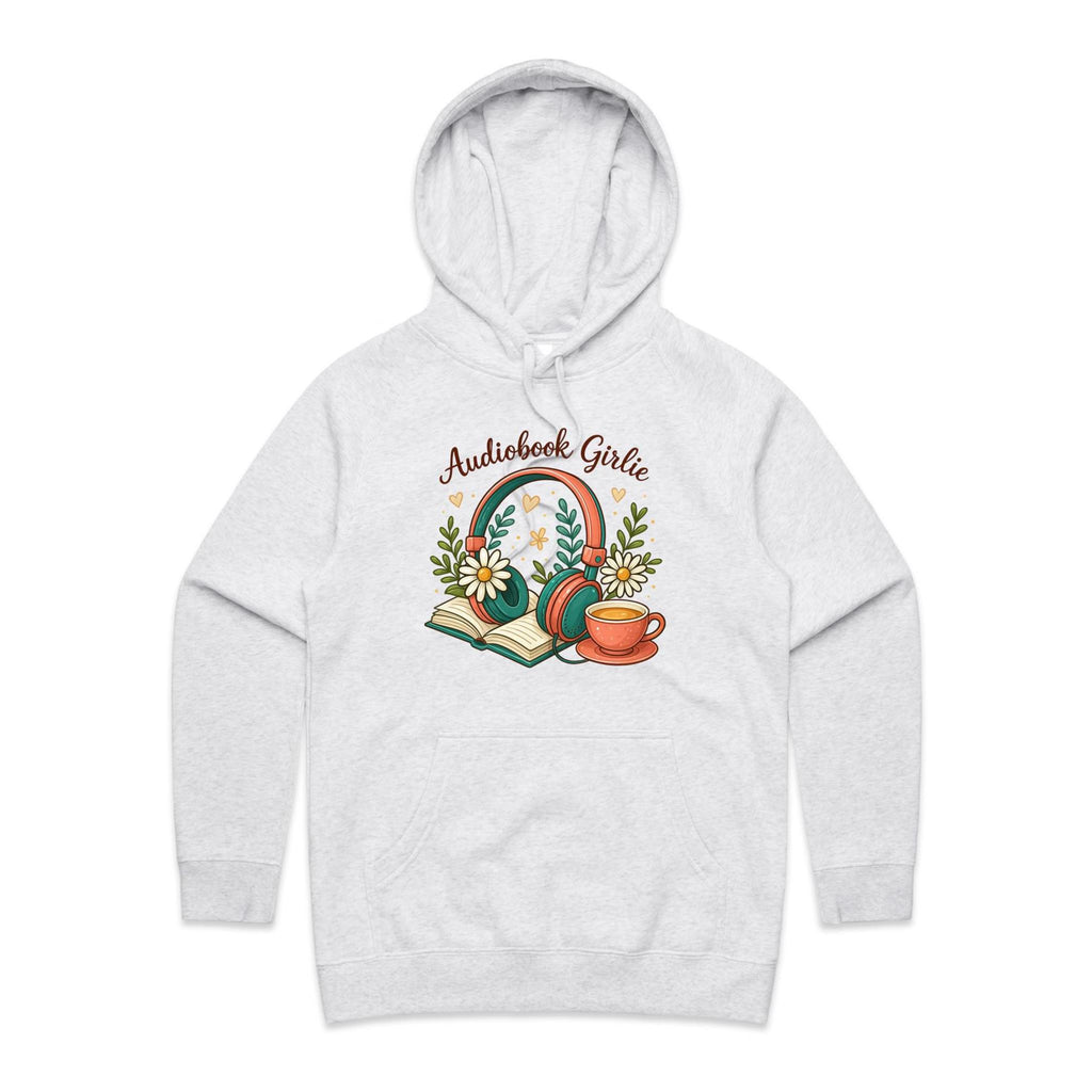 Audiobook Girlie - Womens Hoodie White Marle Womens Hoodie Printed In Australia Reading