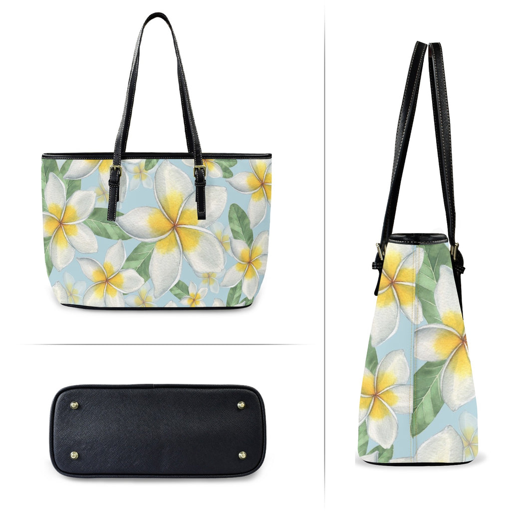 Delicate Frangipani PU Leather Tote Bag Large Leather Tote Bag-Large Plants Printed Offshore