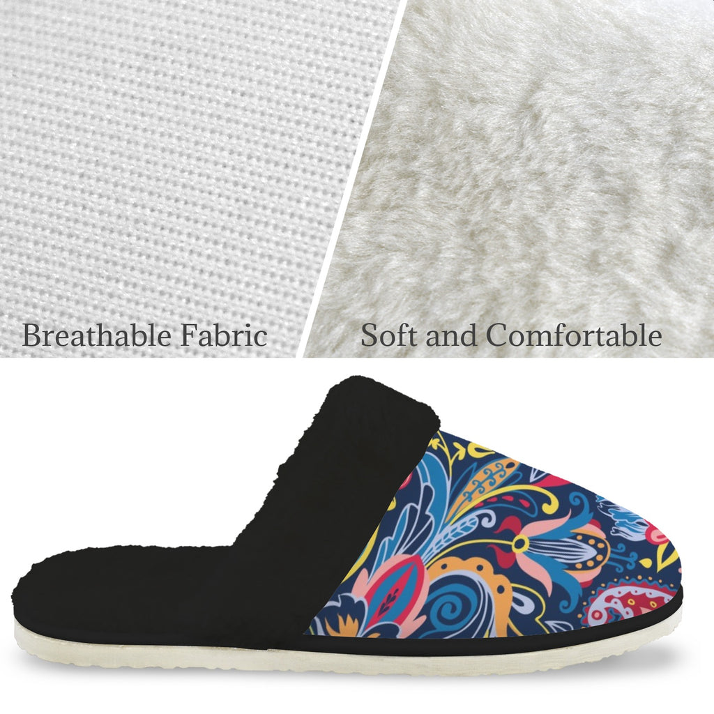 Blue Paisley Women's Fur Trim Thick-Sole Indoor Slippers Women's Fur Trimmed Slippers Printed Offshore