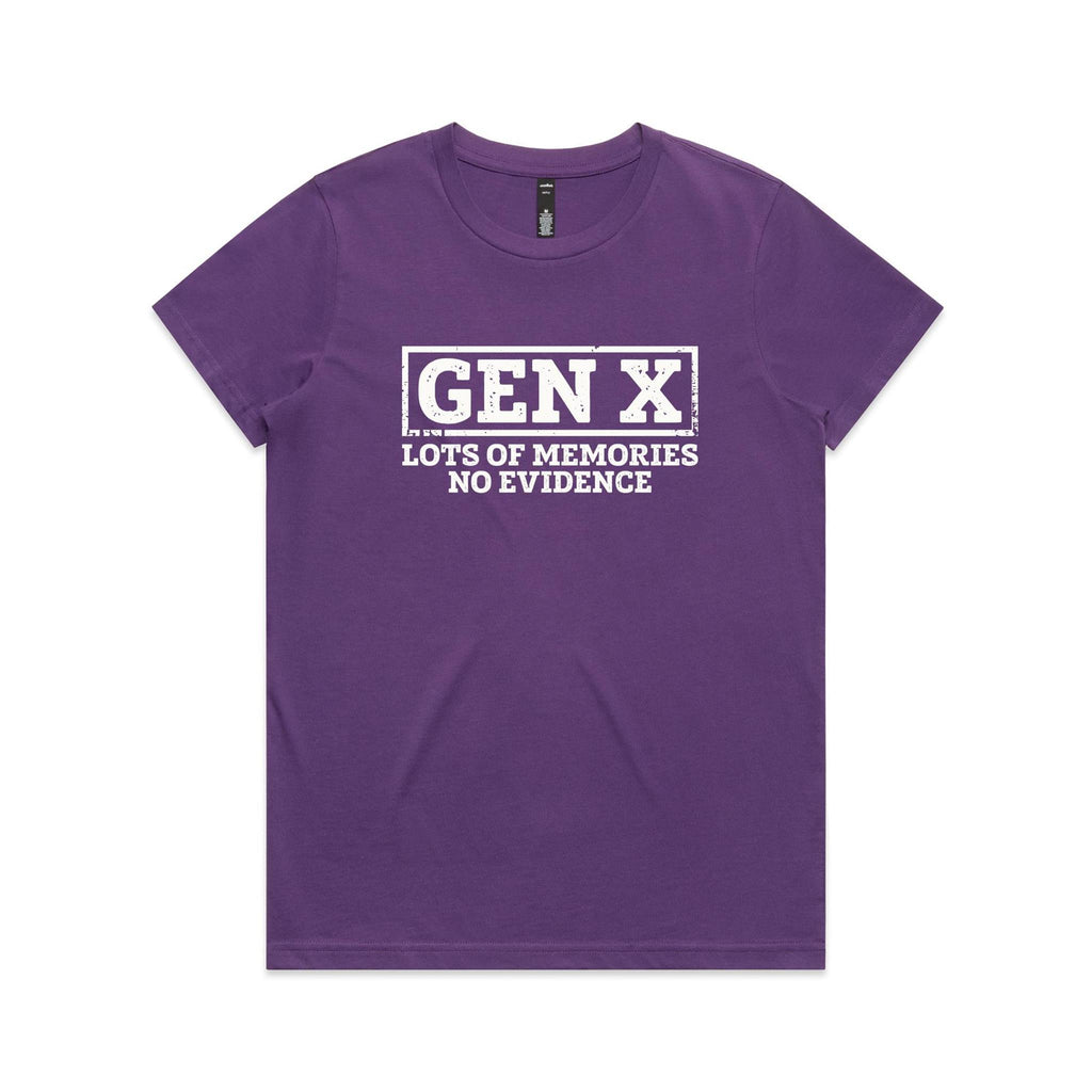 Gen X, Lots Of Memories, No Evidence Women's AS Colour T-shirt Purple Womens T-shirt Printed In Australia