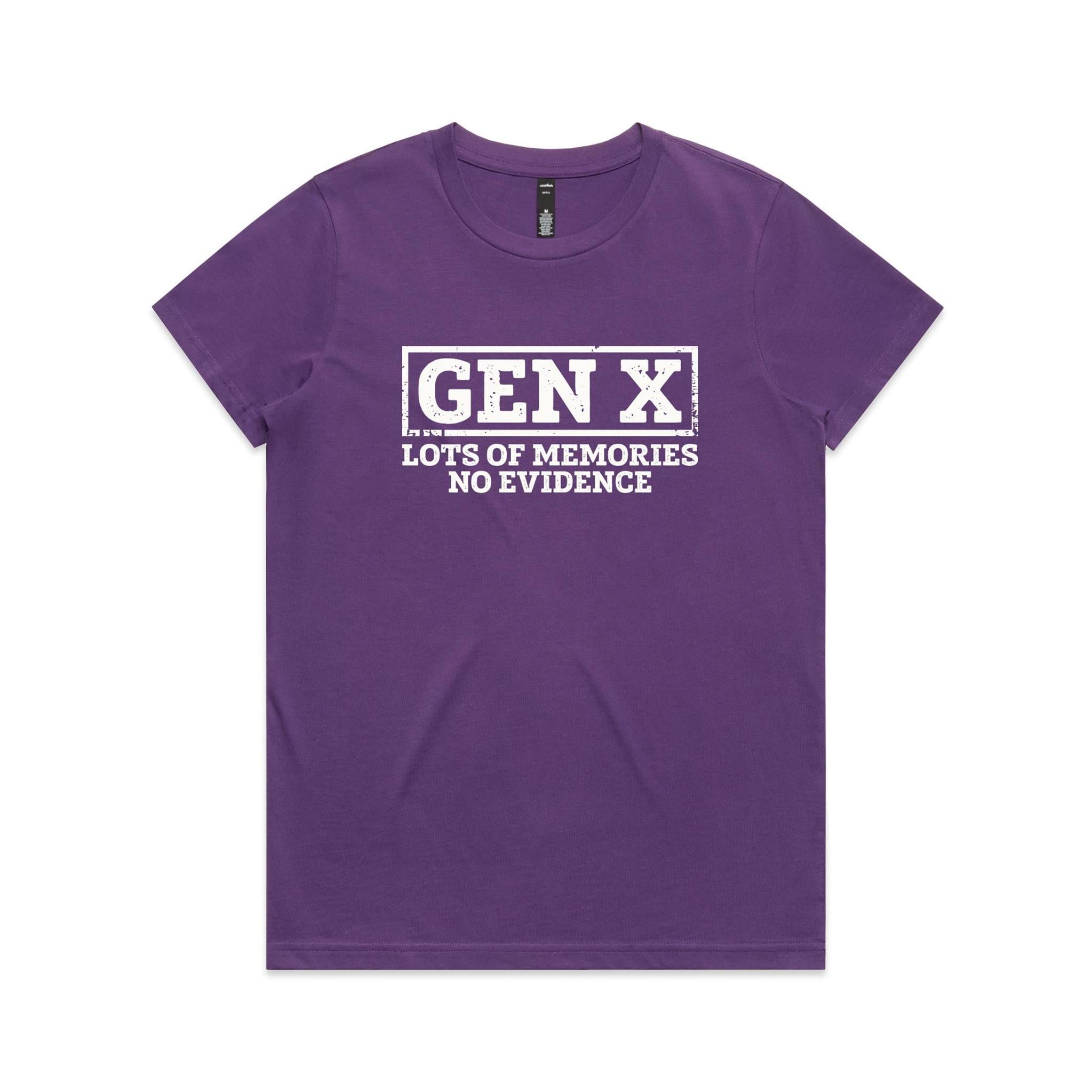 Gen X, Lots Of Memories, No Evidence Women's AS Colour T-shirt Purple Womens T-shirt Printed In Australia
