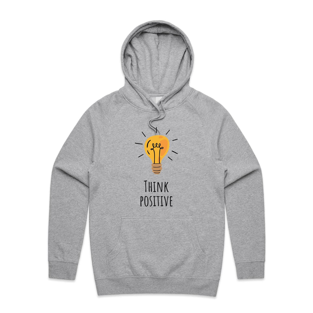 Think Positive, Light Bulb - Mens Hoodie Grey Marle Mens Hoodie Positivity Printed In Australia
